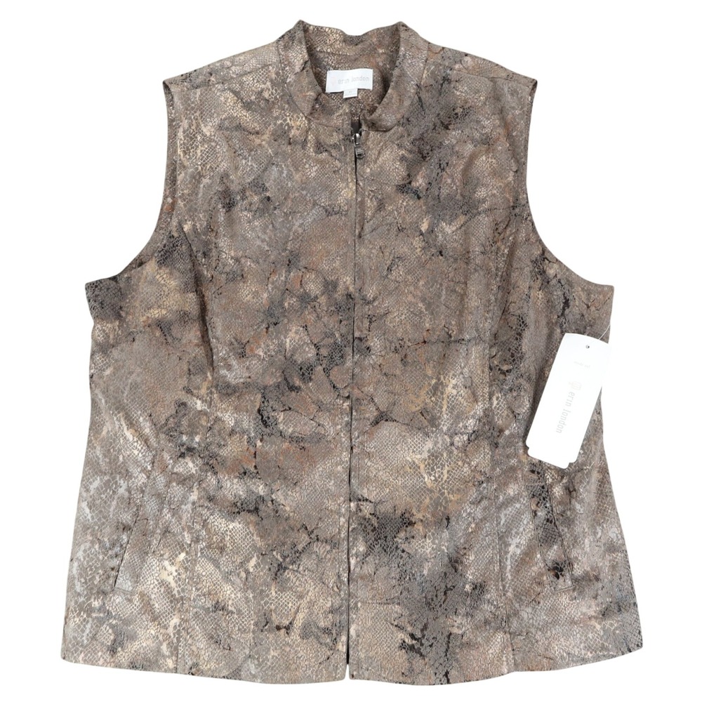 Erin London Vest XL Brown Metallic Snake Print Zip Up Mock Neck Sleeveless
